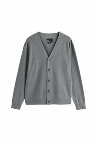 Cardigan gri cu guler în V, cu mâneci lungi și cinci butoane pe față, expus plat pe un fundal alb.