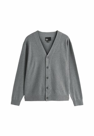 Gray V-neck cardigan with long sleeves and five buttons down the front, displayed flat on a white background.
