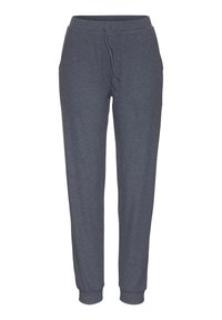 Gray jogger pants made of soft material, featuring a drawstring waistband, side pockets, and fitted cuffs at the ankles.
