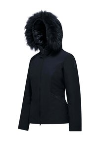 Giubbotto nero con cappuccio foderato in pelliccia sintetica, chiusura con zip, due tasche frontali e un design aderente. Realizzato in un tessuto liscio e resistente.