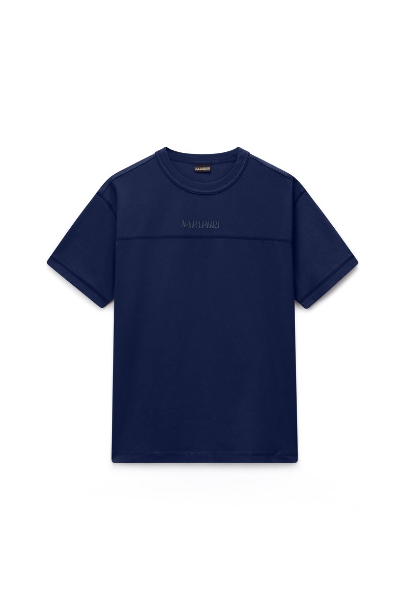 Μπλε σκούρο navy κοντομάνικο T-shirt με κεντημένο λογότυπο "NAPAPIJRI" στο στήθος και στρογγυλή λαιμόκοψη.