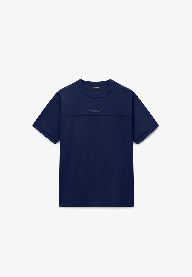 Μπλε σκούρο navy κοντομάνικο T-shirt με κεντημένο λογότυπο "NAPAPIJRI" στο στήθος και στρογγυλή λαιμόκοψη.