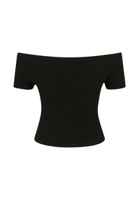 Černý top s odkrytými rameny vyrobený z žebrované tkaniny. Krátké rukávy, přiléhavý střih a hladká textura. Bez viditelných vzorů nebo kovových doplňků.
