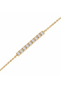 Bransoletka złota z ogniwami, z prętem z siedmioma przezroczystymi, okrągłymi kamieniami szlachetnymi osadzonymi w podniesionym wzorze, tworzącym liniowy akcent o wypolerowanym wykończeniu.