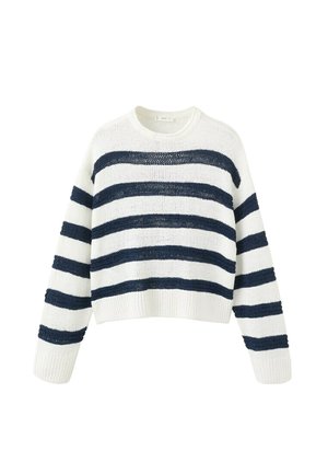 Maglione a maglia bianco con ampie strisce orizzontali blu navy, maniche lunghe e polsini e orlo a coste.