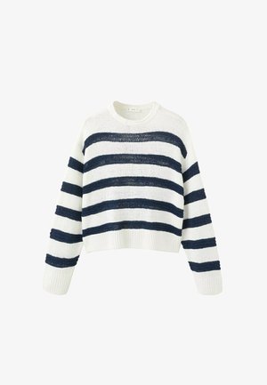 Witte gebreide trui met brede horizontale marineblauwe strepen, lange mouwen en geribbelde boorden en zoom.