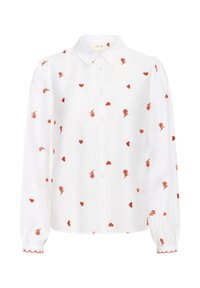 Witte button-up shirt met lange mouwen, versierd met rode rozen en hartborduursels. Golvende manchetten voegen detail toe aan de mouw uiteinden.