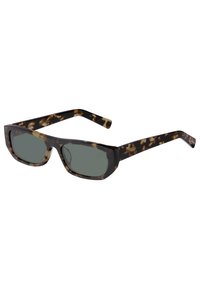 Lunettes de soleil écaille de tortue avec des montures rectangulaires, des verres gris et une finition brillante. Elles présentent des branches épaisses avec un design à motifs.