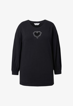 Sort langærmet sweatshirt med løstsiddende pasform og ribbede manchetter. Har et dekorativt hjerte-design med prikker og pynt på forsiden.