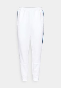 Pantalons de jogging blancs avec une ceinture extensible, des jambes effilées et des accents latéraux bleus. Comprend deux poches latérales et une texture lisse.