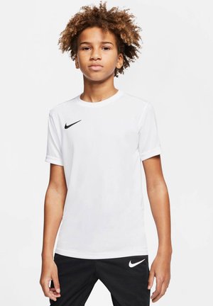 White Nike t-shirt with short sleeves and a round neckline, featuring a black Nike swoosh logo on the left chest. Smooth, lightweight material.