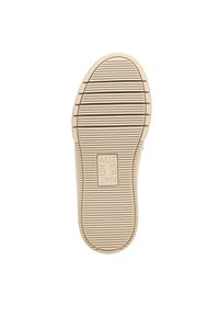 Suola di scarpa in gomma beige con una superficie testurizzata caratterizzata da scanalature orizzontali e verticali. Rettangolo di branding centrato con lettering in rilievo.