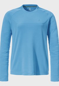 Hellblaue Langarmshirt aus einem weichen Stoff, mit rundem Halsausschnitt, flachen Nähten und einem kleinen Logo auf der Brust.