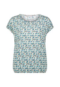 Krátký rukáv top z lehké vzorované látky s abstraktním designem v odstínech modré, zelené a hnědé, s kulatým výstřihem a uvolněným střihem.