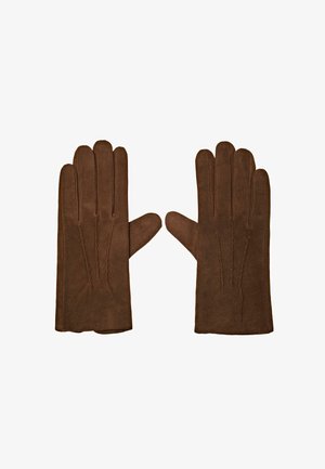 Gants en cuir marron avec cinq doigts, présentant une texture lisse et des coutures décoratives au dos pour un détail supplémentaire.