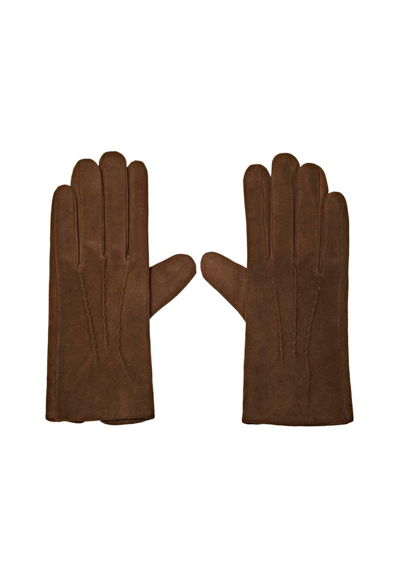 Bruine leren handschoenen met vijf vingers, met een gladde textuur en decoratieve stiksels op de achterkant voor extra detail.
