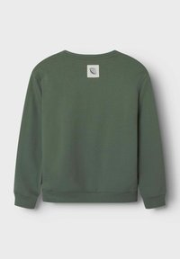 Sudadera verde de manga larga con puños y dobladillo acanalados, que presenta un pequeño parche blanco con un diseño de globo en la parte superior de la espalda.