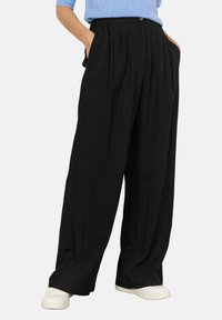 Black wide-leg trousers with front pleats, two side pockets, and a button closure. Made from lightweight fabric with a smooth texture.