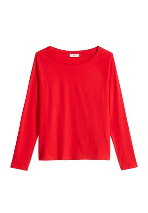 Felrood langarmlig shirt met een ronde hals en raglanmouwen, plat uitgestald op een witte achtergrond.