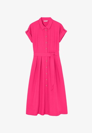 Rožinė mygtukinė suknelė su trumpomis sukritusiomis rankovėmis, dirželis liemens srityje ir klostuotas sijonas. Pagaminta iš minkštos medžiagos su lygiu paviršiumi.