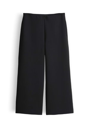 Pantaloni neri a gamba larga realizzati in tessuto liscio, con vita alta e design semplice con linee pulite e senza elementi hardware visibili.