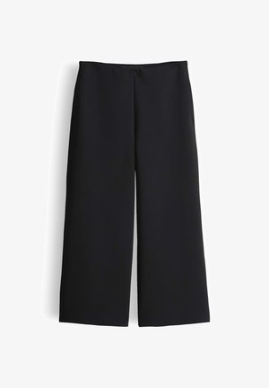 Pantaloni neri a gamba larga realizzati in tessuto liscio, con vita alta e design semplice con linee pulite e senza elementi hardware visibili.