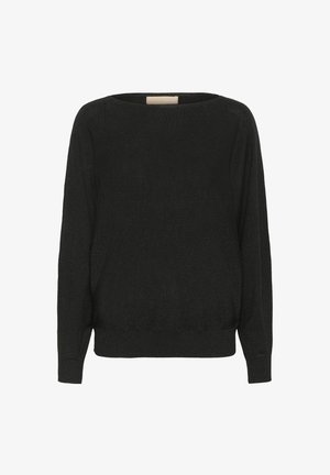 Black knit sweater with a rounded neckline, drop shoulders, and a ribbed hem. The textured fabric has a subtle shimmer.
