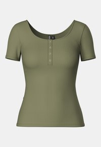 Tricou scurt cu mânecă, de culoare verde măsliniu, cu decolteu rotund și placket cu trei nasturi. Textură netedă, design aderent.