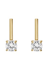 Une paire de boucles d'oreilles en or, chacune ornée d'une seule pierre précieuse transparente taillée en brillant rond, maintenue par quatre griffes.