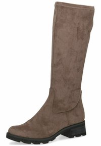 Botas marrones de ante hasta la rodilla con punta redonda, parte superior texturizada, costuras laterales, suela de goma negra y tacón cuadrado.