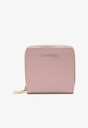 Roze leren portemonnee met gouden rits en hardware. Voorzien van gegraveerd "LAZAROTTI" logo aan de voorkant en een gestructureerd oppervlak. Compact ontwerp.