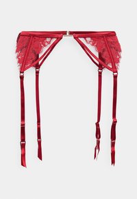Rote Spitzenstrumpfhalter mit satinierten Riemen, ausgestattet mit einem floralen Spitzenmuster, verstellbaren Clips und einer glatten Textur.
