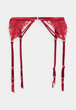 Red lace garter belt with satin straps, featuring a floral lace design, adjustable clips, and a smooth texture.