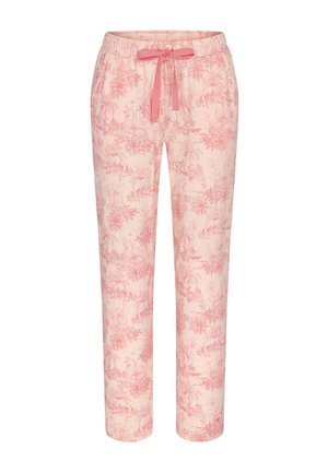 Lyserøde afslappede bukser med mørkere lyserødt blomster- og naturprint, elastik i taljen og lyserød snøre foran.