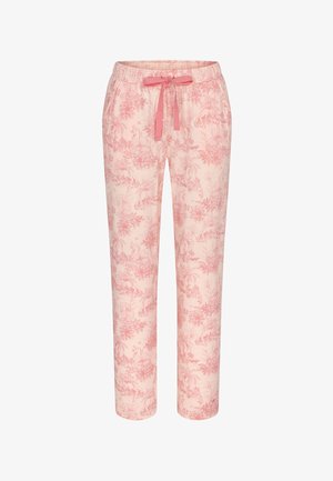 Lyserøde afslappede bukser med mørkere lyserødt blomster- og naturprint, elastik i taljen og lyserød snøre foran.