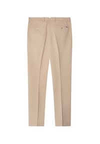 Pantalon beige droit avec passants de ceinture, poches passepoilées boutonnées à l'arrière, présenté à plat côté dos.