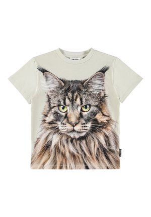 Koszulka z krótkim rękawem w jasnym beżu z szczegółowym nadrukiem twarzy kota o zielonych oczach i brązowych wzorach futra.