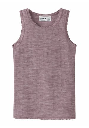 Lyse lilla tanktop lavet af tekstureret stof med bølget kant langs halsudskæringen og ærmegab samt et diskret mønster over det hele.