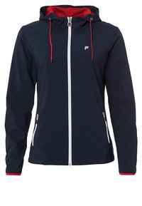 Marinfärgad jacka med röda detaljer, lättviktigt tyg, dragkedja fram och fickor; har en huva med röda snören och kontrasterande innerfoder.