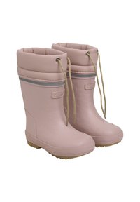 Rosa vattentäta gummistövlar med en mjuk, vadderad krage, grå accentsrand och ljusbrun strukturerad sula. Har en dragsnodd för stängning.