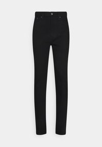 Jeans de mezclilla negra con un diseño ajustado, que presentan un cierre de botón, cinco bolsillos y una textura suave. Sin patrones ni acentos visibles.