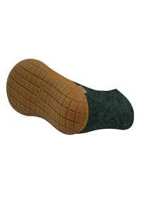 Pantofole in feltro con una tomaia verde e una suola in gomma marrone texturizzata. La scarpa presenta una forma arrotondata e un tacco piatto per garantire comfort.