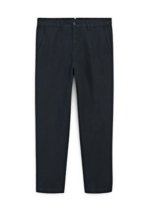 Dark navy chinos with a straight-leg design. Made of smooth cotton fabric, featuring front pockets and a single button closure.