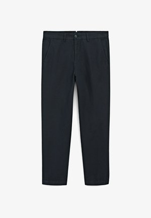 Mørkeblå chinos med lige ben-design. Fremstillet af glat bomuldsstof, med frontlommer og en enkelt knaplukning.
