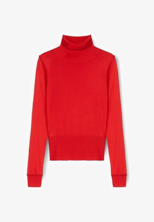 Suéter rojo de cuello alto, diseño ajustado, textura acanalada, mangas largas y dobladillo. Material suave con un acabado liso y sin patrones.