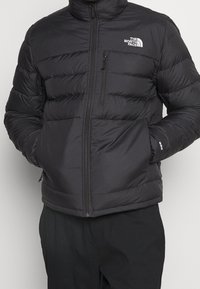 Man wearing a black The North Face quilted puffer jacket with zippered chest and side pockets, hands in pockets, standing against a plain background.