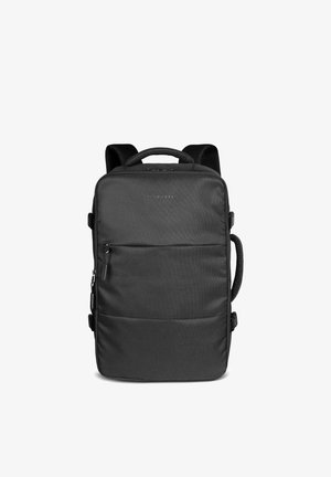 Black rectangular backpack with front zip pocket, padded shoulder straps, top handle, and side handle on a white background.