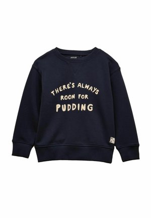 Tmavomodrá mikina s dlhými rukávmi, rebrovanými manžetami a lemom, s krémovým nápisom "Vždy je miesto na puding" na prednej strane.