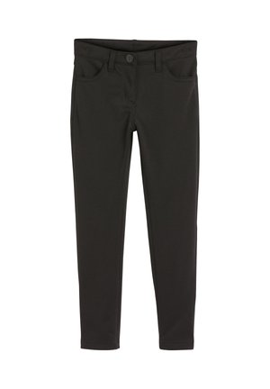Zwarte skinny broek gemaakt van rekbaar materiaal, met een knoopsluiting, ceintuurlussen en voor- en achterzakken. Zachte textuur en slim fit ontwerp.