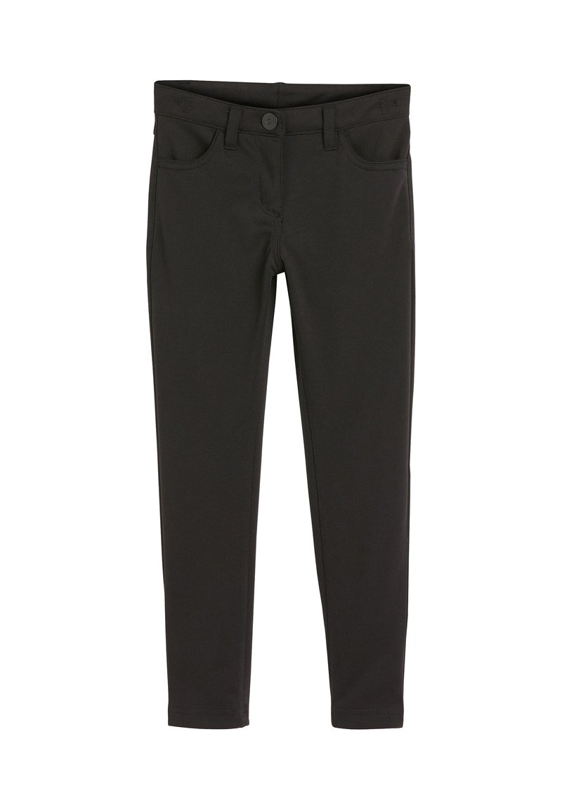Pantalones negros ajustados fabricados con tela elástica, con cierre de botón, trabillas para cinturón y bolsillos delanteros y traseros. Textura suave y diseño ajustado.